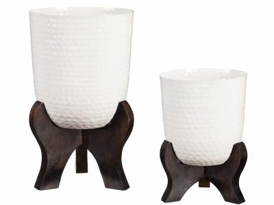 White Metal Planter with Wooden Legs, Set of 2